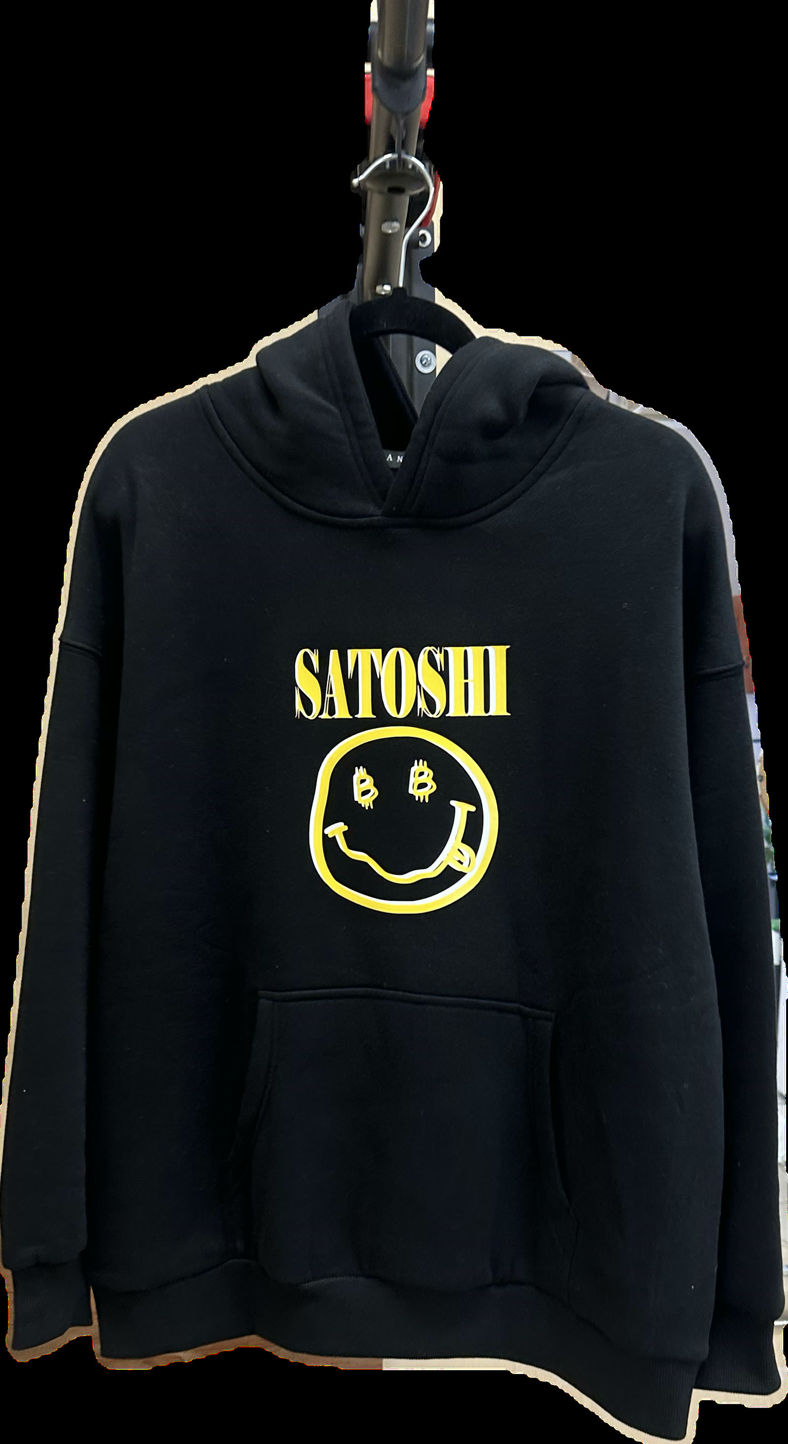 Satoshi Smiley fleece hoodie, hand-painted by Samara Marrow